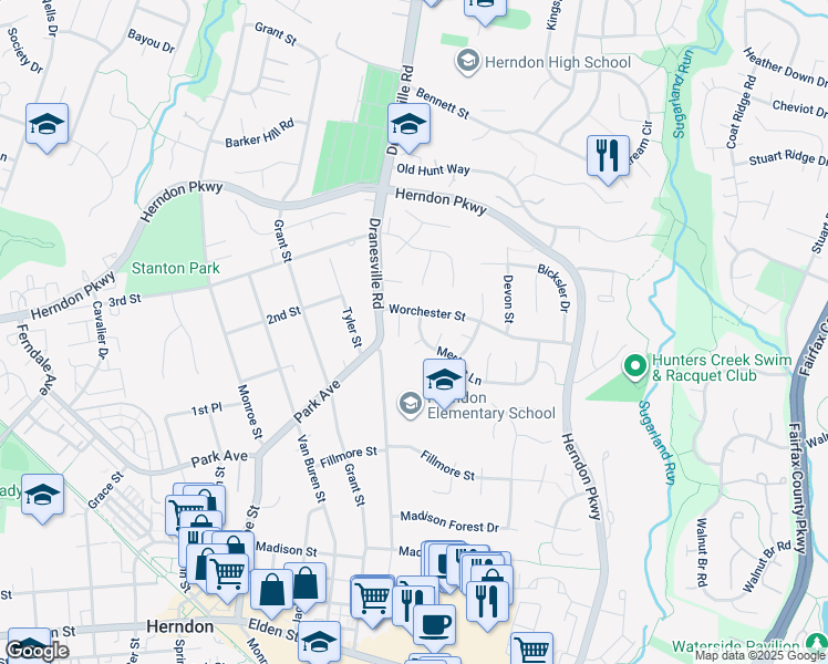 map of restaurants, bars, coffee shops, grocery stores, and more near 619 Merlins Lane in Herndon