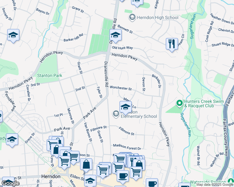map of restaurants, bars, coffee shops, grocery stores, and more near 619 Merlins Lane in Herndon