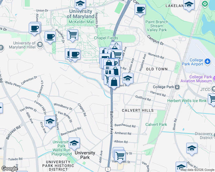 map of restaurants, bars, coffee shops, grocery stores, and more near 4400 Calvert Road in College Park
