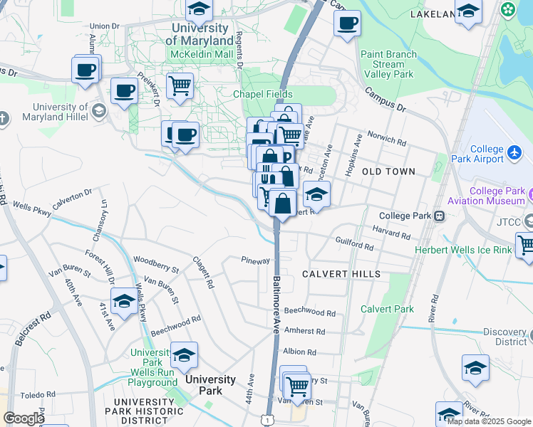 map of restaurants, bars, coffee shops, grocery stores, and more near 4400 Calvert Road in College Park