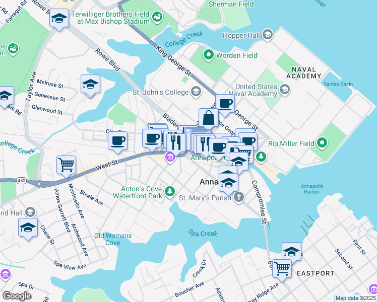 map of restaurants, bars, coffee shops, grocery stores, and more near 236 Main Street in Annapolis