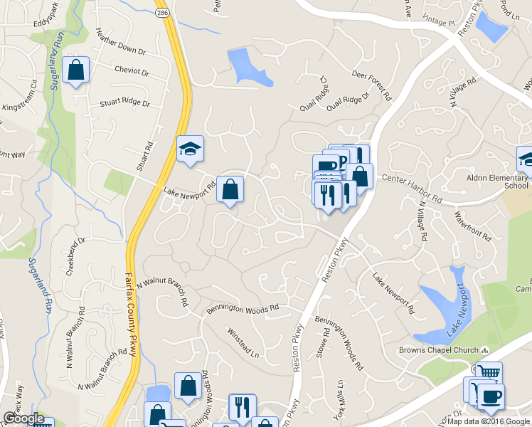 map of restaurants, bars, coffee shops, grocery stores, and more near 1587 Woodcrest Drive in Reston