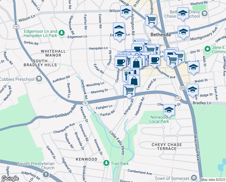 map of restaurants, bars, coffee shops, grocery stores, and more near 5102 Manning Drive in Bethesda