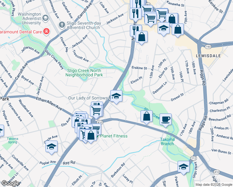 map of restaurants, bars, coffee shops, grocery stores, and more near 7101 New Hampshire Avenue in Takoma Park
