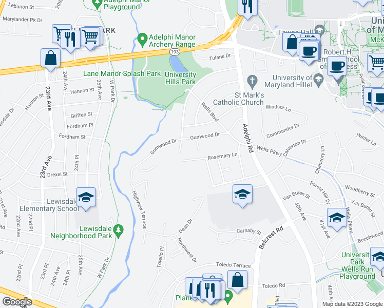 map of restaurants, bars, coffee shops, grocery stores, and more near 3308 Rosemary Ln in Hyattsville