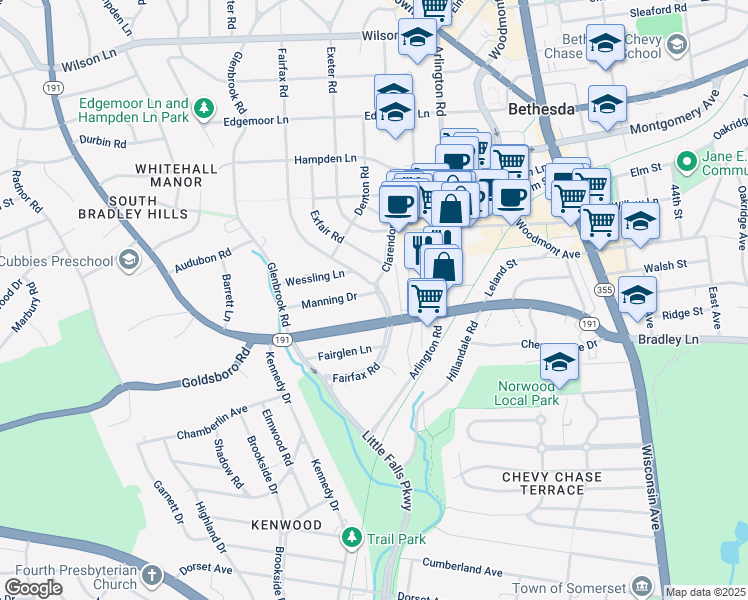 map of restaurants, bars, coffee shops, grocery stores, and more near 5102 Manning Drive in Bethesda