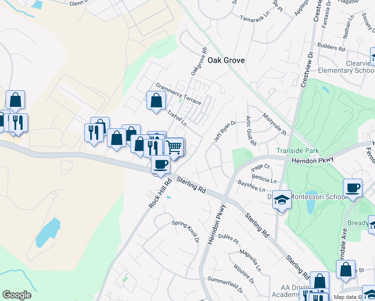 map of restaurants, bars, coffee shops, grocery stores, and more near 46012 Caraway Terrace in Sterling