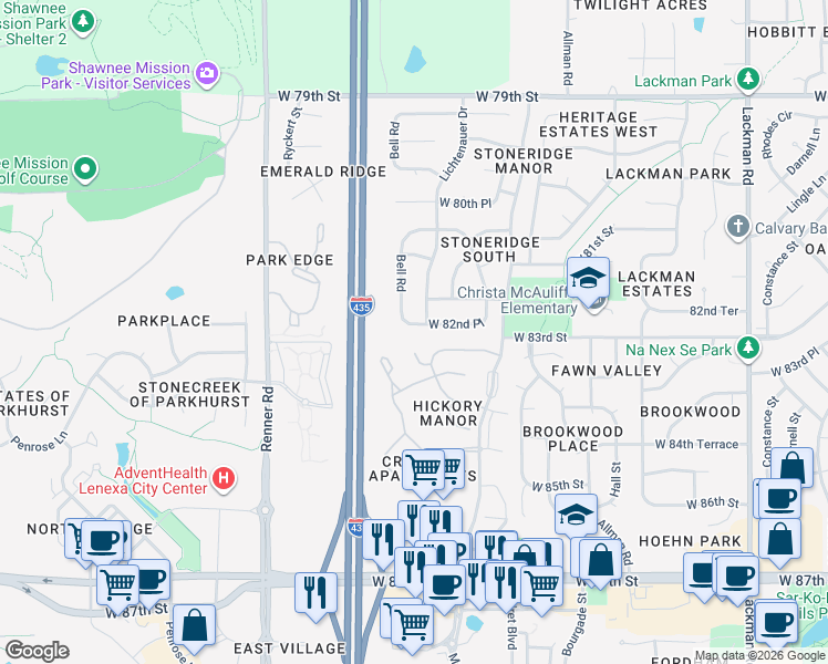 map of restaurants, bars, coffee shops, grocery stores, and more near 8233 Bell Road in Lenexa