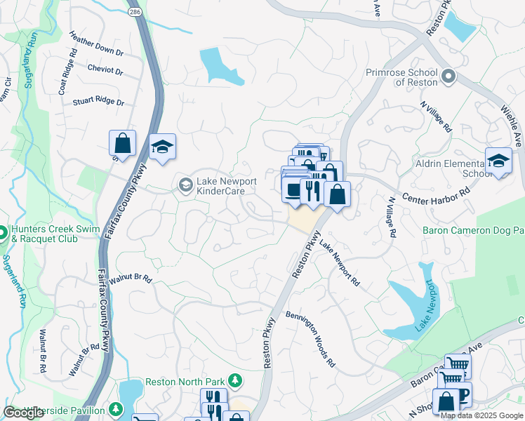 map of restaurants, bars, coffee shops, grocery stores, and more near 1504 Summerchase Court in Reston