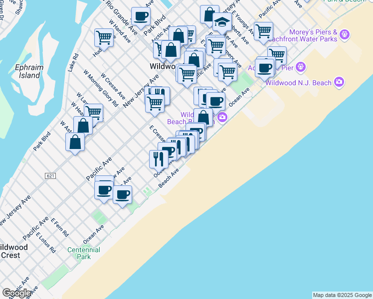 map of restaurants, bars, coffee shops, grocery stores, and more near 5200 Ocean Avenue in Wildwood