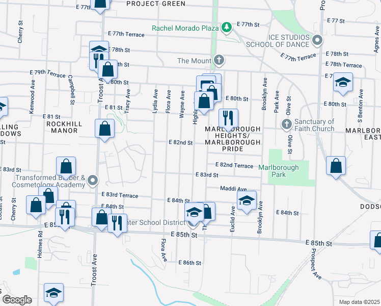map of restaurants, bars, coffee shops, grocery stores, and more near 1603 East 82nd Street in Kansas City