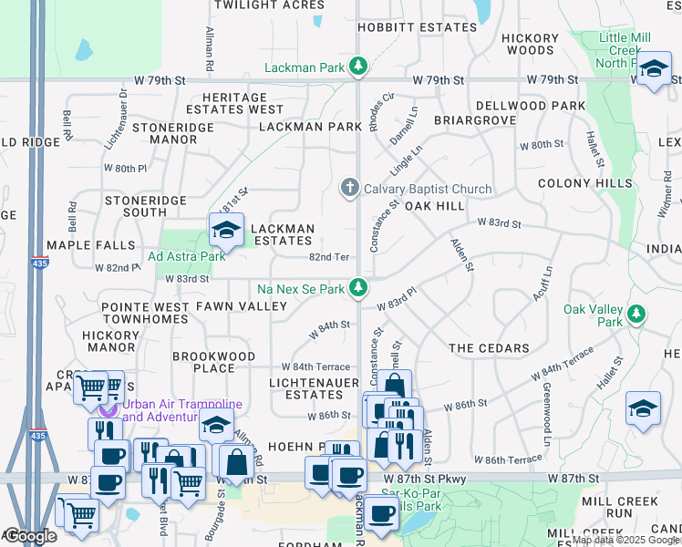 map of restaurants, bars, coffee shops, grocery stores, and more near 15112 West 83rd Street in Lenexa