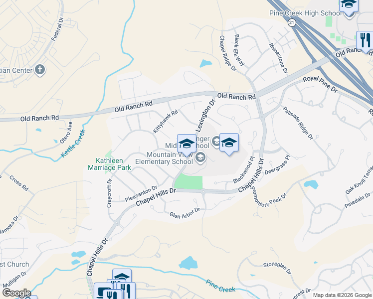 map of restaurants, bars, coffee shops, grocery stores, and more near 2629 Mariner Court in Colorado Springs