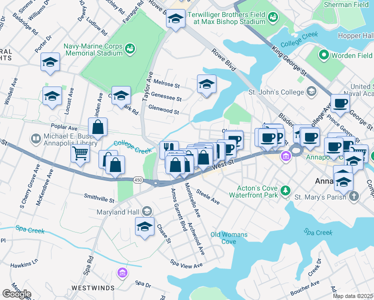map of restaurants, bars, coffee shops, grocery stores, and more near 7 Hill Street in Annapolis