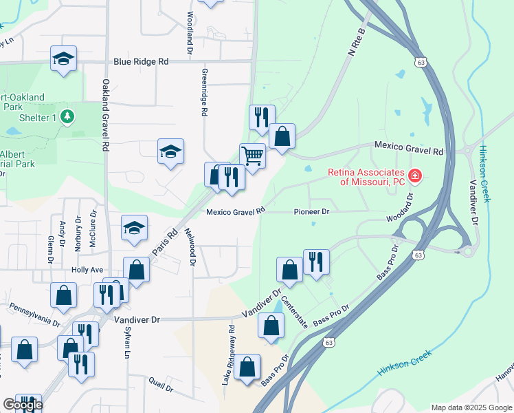 map of restaurants, bars, coffee shops, grocery stores, and more near 2900 Paris Road in Columbia