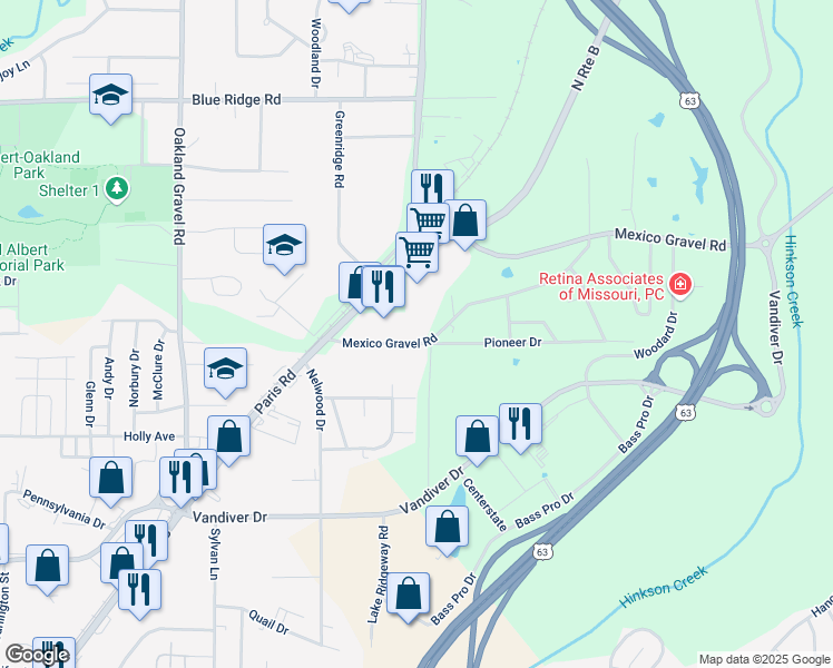map of restaurants, bars, coffee shops, grocery stores, and more near 2900 Paris Road in Columbia