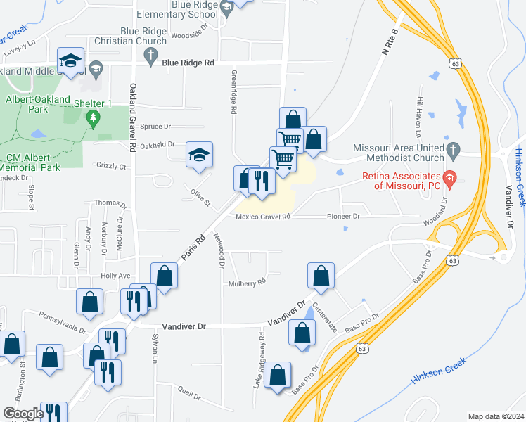 map of restaurants, bars, coffee shops, grocery stores, and more near 2716 Paris Road in Columbia
