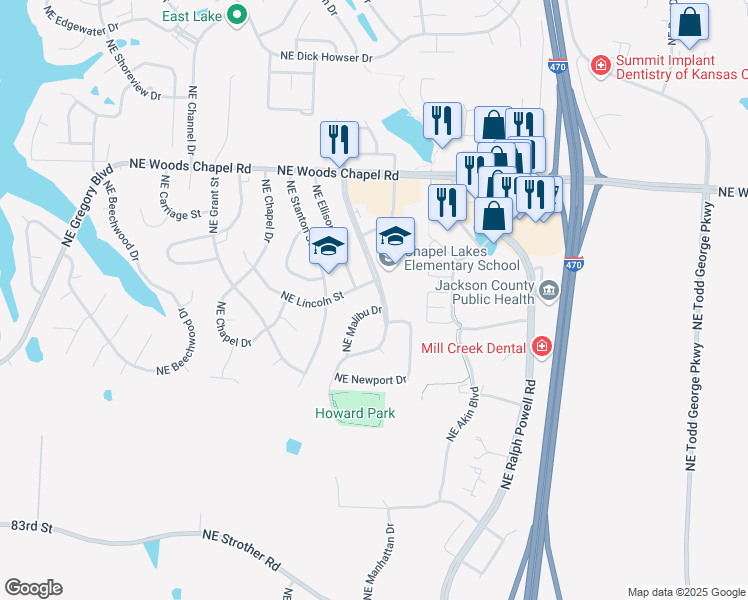 map of restaurants, bars, coffee shops, grocery stores, and more near 3606 Northeast Independence Avenue in Lee's Summit