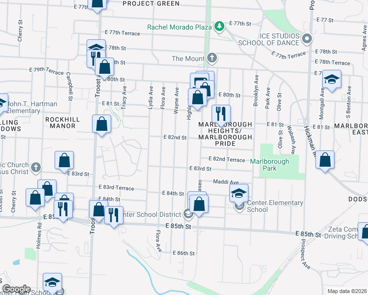 map of restaurants, bars, coffee shops, grocery stores, and more near 1603 East 82nd Street in Kansas City
