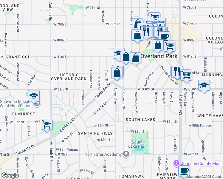 map of restaurants, bars, coffee shops, grocery stores, and more near 7903 West 83rd Street in Overland Park