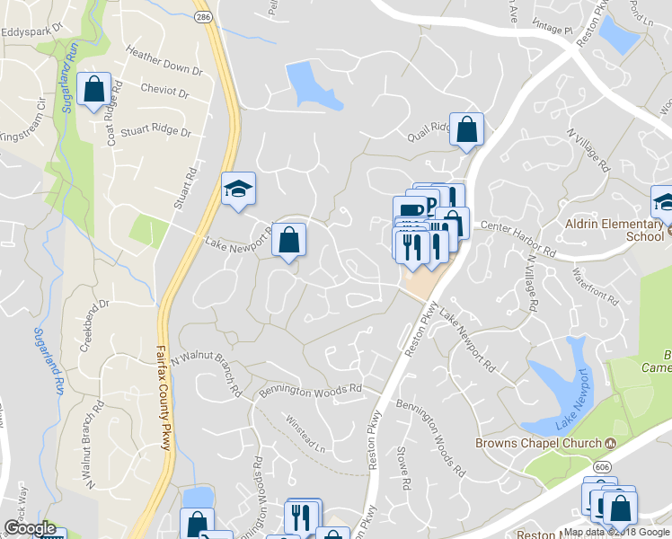 map of restaurants, bars, coffee shops, grocery stores, and more near 1593 Woodcrest Drive in Reston