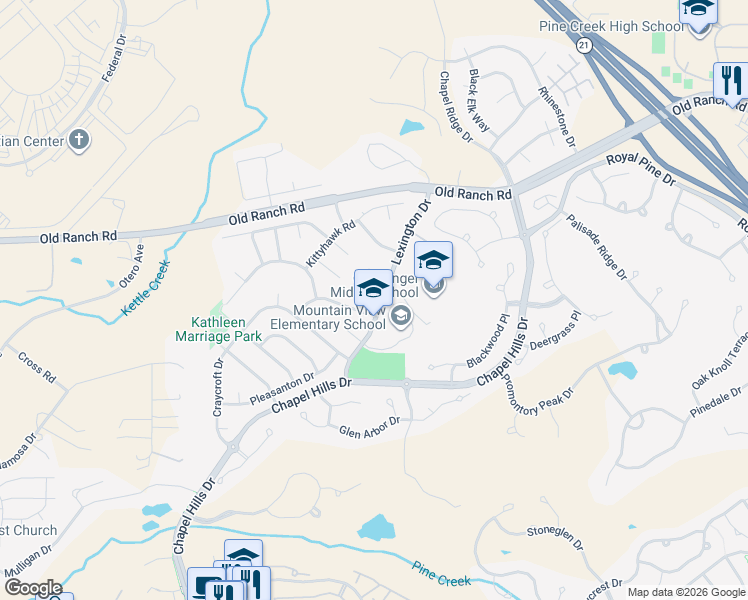 map of restaurants, bars, coffee shops, grocery stores, and more near 2623 Ranger Court in Colorado Springs