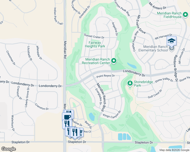 map of restaurants, bars, coffee shops, grocery stores, and more near 10323 Ross Lake Drive in Peyton