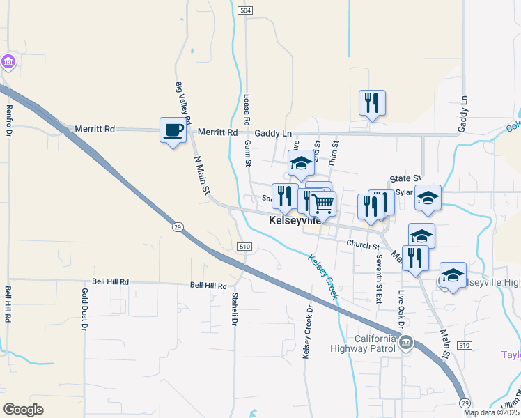 map of restaurants, bars, coffee shops, grocery stores, and more near 3720 Main Street in Kelseyville
