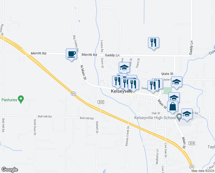 map of restaurants, bars, coffee shops, grocery stores, and more near 3720 Main Street in Kelseyville