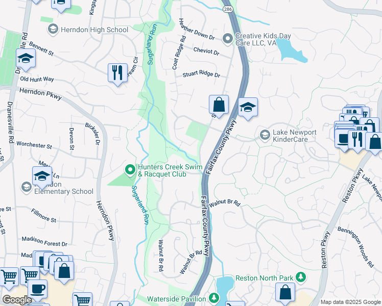 map of restaurants, bars, coffee shops, grocery stores, and more near 12044 Lake Newport Road in Reston