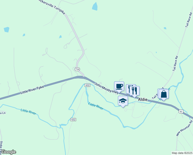 map of restaurants, bars, coffee shops, grocery stores, and more near 39195 Aldie Road in Aldie
