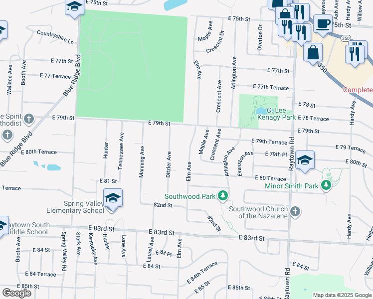 map of restaurants, bars, coffee shops, grocery stores, and more near 7918 Elm Avenue in Raytown