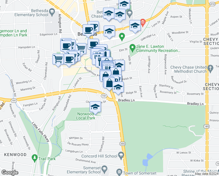 map of restaurants, bars, coffee shops, grocery stores, and more near 9400 Wisconsin Ave in Bethesda