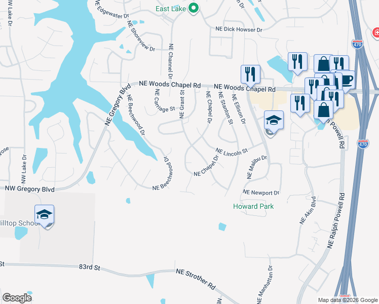 map of restaurants, bars, coffee shops, grocery stores, and more near 3701 Northeast Grant Street in Lee's Summit