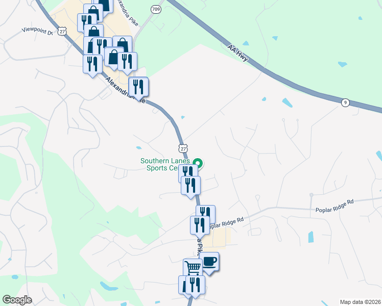 map of restaurants, bars, coffee shops, grocery stores, and more near 7612 Alexandria Pike in Alexandria