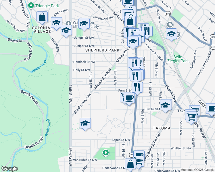 map of restaurants, bars, coffee shops, grocery stores, and more near 1310 Floral Street Northwest in Washington