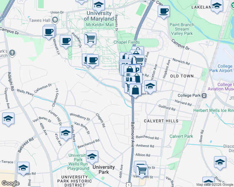 map of restaurants, bars, coffee shops, grocery stores, and more near 4324 Rowalt Drive in College Park
