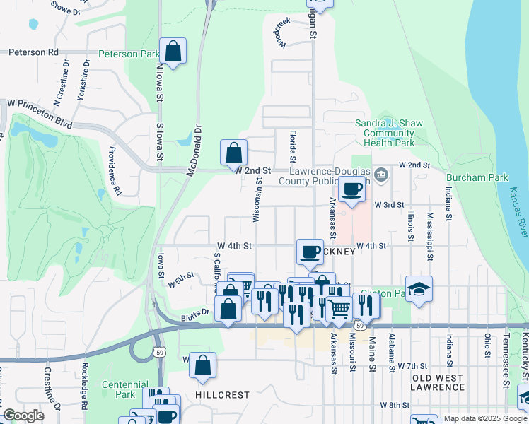 map of restaurants, bars, coffee shops, grocery stores, and more near 225-227 Wisconsin Street in Lawrence