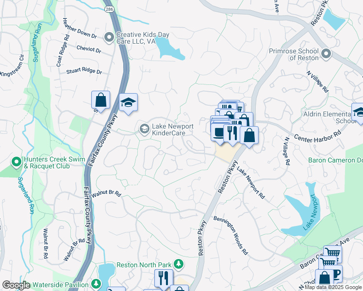 map of restaurants, bars, coffee shops, grocery stores, and more near 1593 Woodcrest Drive in Reston
