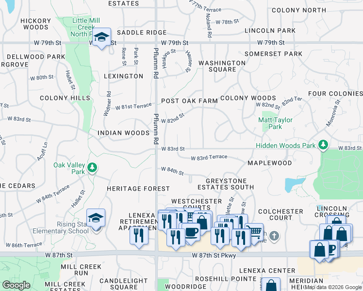map of restaurants, bars, coffee shops, grocery stores, and more near 8207 Caenen Lake Road in Lenexa