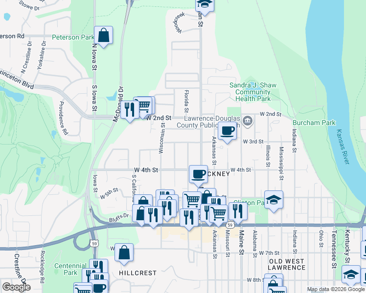 map of restaurants, bars, coffee shops, grocery stores, and more near 1514 West 3rd Street in Lawrence