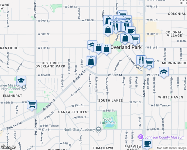 map of restaurants, bars, coffee shops, grocery stores, and more near 7903 West 83rd Street in Overland Park