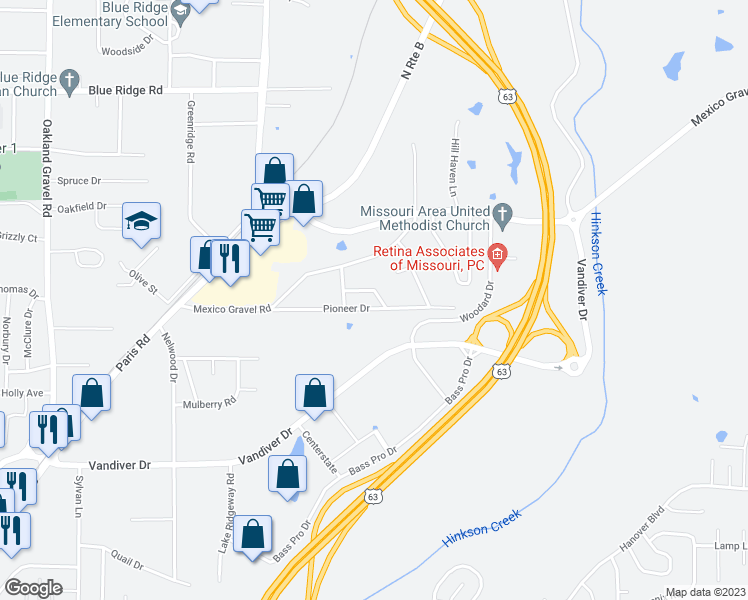 map of restaurants, bars, coffee shops, grocery stores, and more near 3306 Martha Drive in Columbia