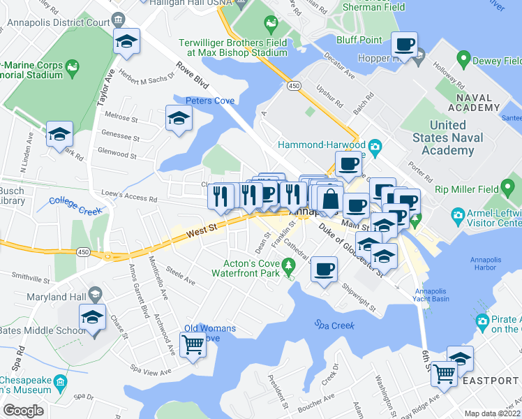 map of restaurants, bars, coffee shops, grocery stores, and more near 60 West Street in Annapolis