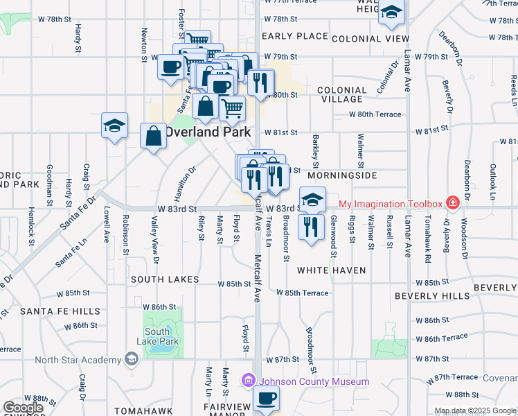map of restaurants, bars, coffee shops, grocery stores, and more near Metcalf Ave & W 83rd St in Overland Park