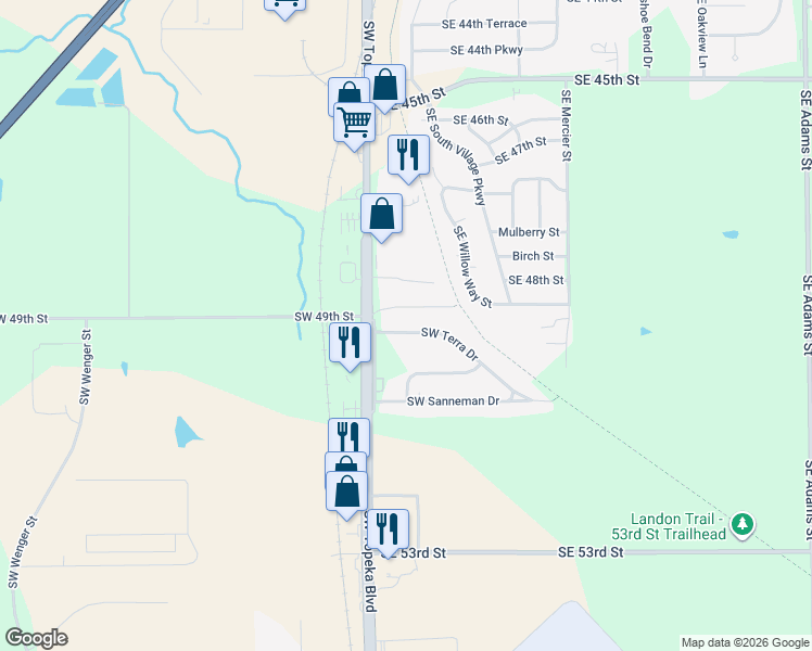 map of restaurants, bars, coffee shops, grocery stores, and more near 232 Southwest Terra Drive in Topeka