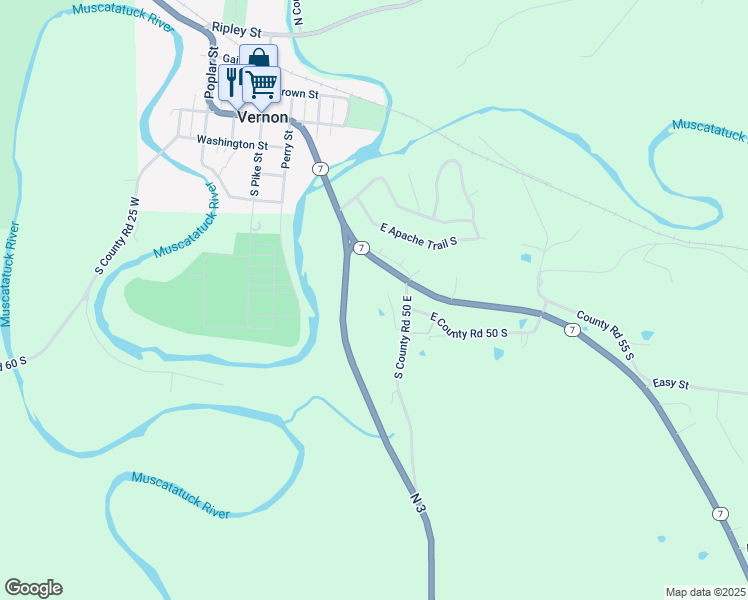 map of restaurants, bars, coffee shops, grocery stores, and more near 335 Indiana 3 in North Vernon
