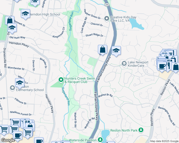 map of restaurants, bars, coffee shops, grocery stores, and more near 12044 Lake Newport Road in Reston
