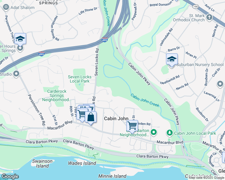 map of restaurants, bars, coffee shops, grocery stores, and more near 7825 Archbold Terrace in Cabin John