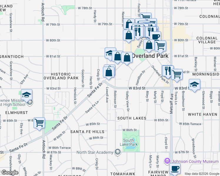 map of restaurants, bars, coffee shops, grocery stores, and more near 7903 West 83rd Street in Overland Park